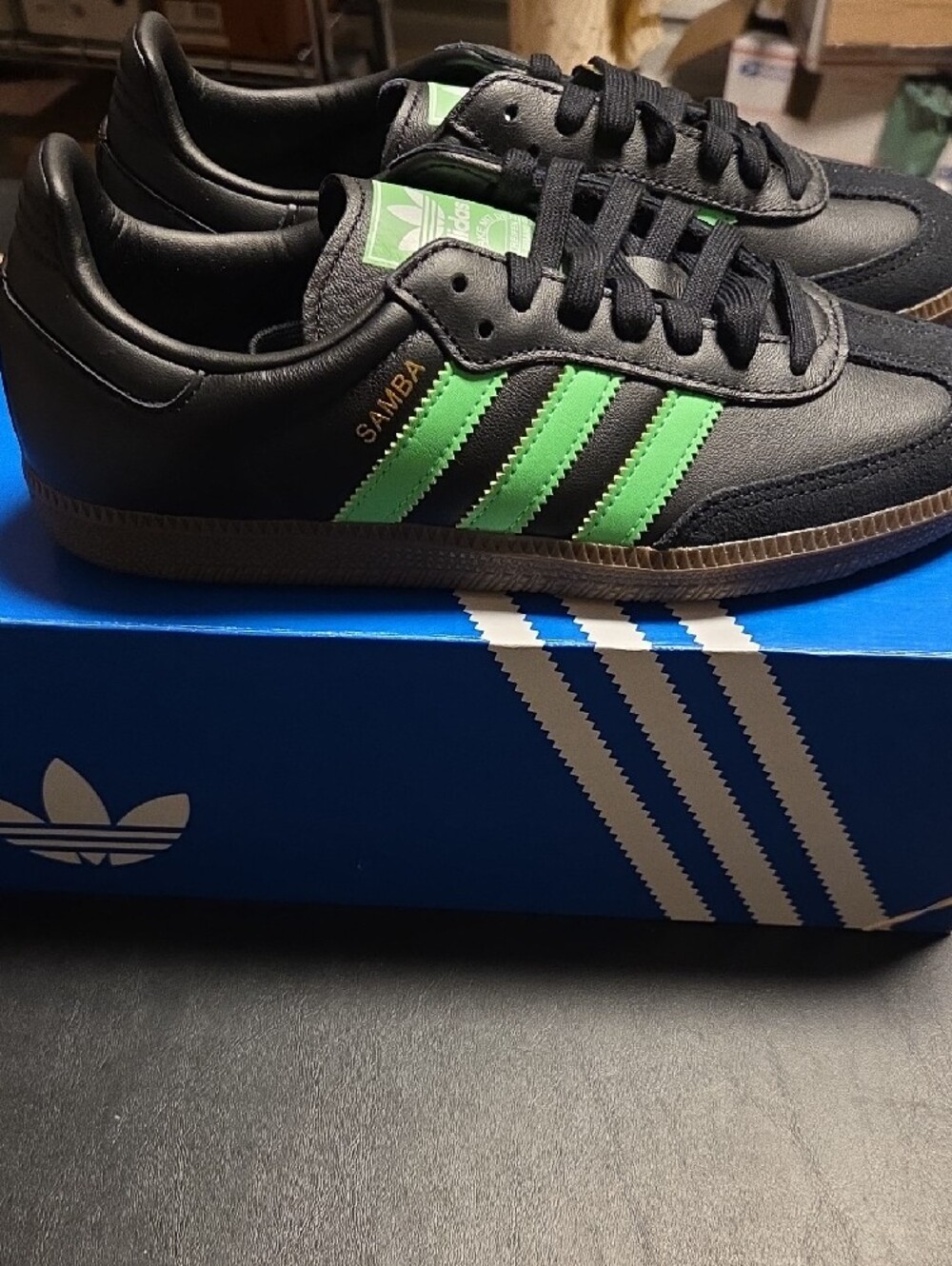 Adidas Sambas Men’s Black Sneakers with Bright Green Stripes - Picture 2 of 5
